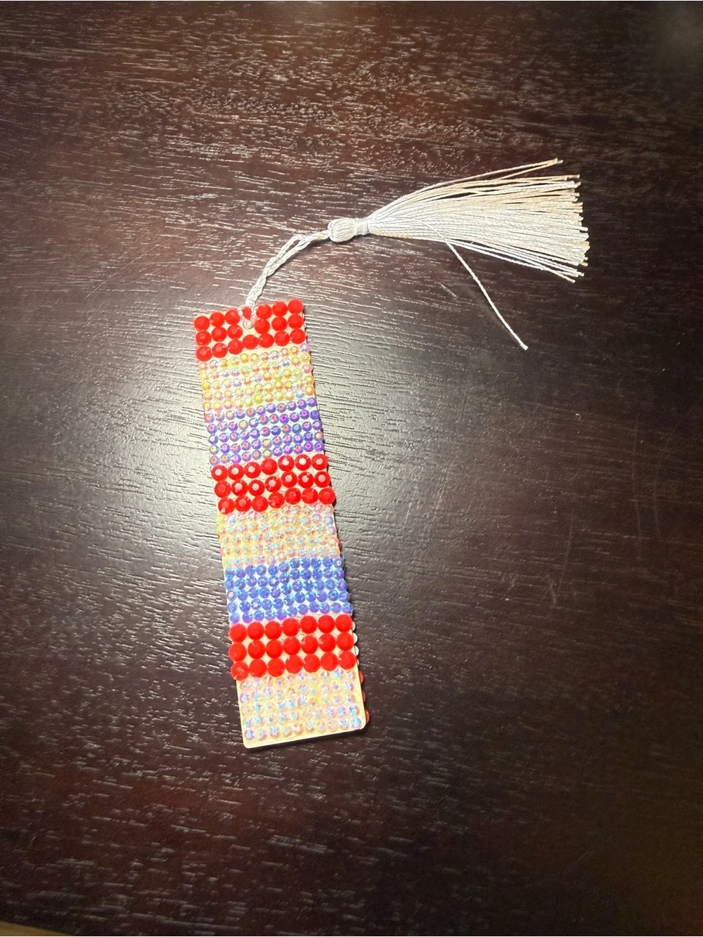 Beaded Tassel Bookmark in Red, Blue and Cream